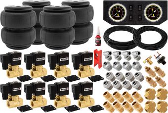 VIXEN AIR VXK1205FB 1/2" NPT AIR RIDE SUSPENSION HIGH FLOW AIR VALVES WITH FOUR AIR SPRINGS, PRESSURE SWITCH, GAUGE DASH PANEL, HOSES AND FITTINGS