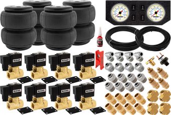 VIXEN AIR VXK1205FW 1/2" NPT AIR RIDE SUSPENSION HIGH FLOW AIR VALVES WITH FOUR AIR SPRINGS, PRESSURE SWITCH, GAUGE DASH PANEL, HOSES AND FITTINGS