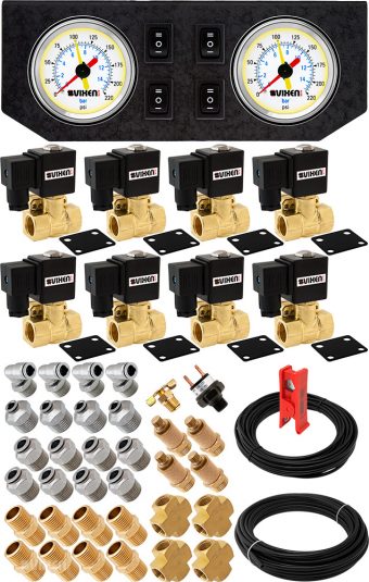 VIXEN AIR VXK1205GW 1/2" NPT AIR RIDE SUSPENSION HIGH FLOW AIR VALVES/SOLENOIDS 250 PSI FOUR CORNERS WITH DUAL WHITE GAUGE, FITTINGS AND HOSES