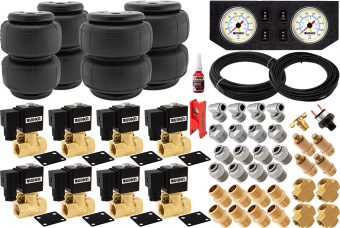 VIXEN AIR VXK1205PW 1/2" NPT AIR RIDE SUSPENSION HIGH FLOW AIR VALVES WITH FOUR AIR SPRINGS, PRESSURE SWITCH, GAUGE DASH PANEL, HOSES AND FITTINGS