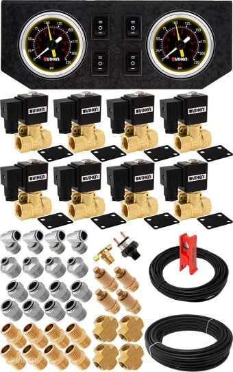 VIXEN AIR VXK1209GB 1/2" NPT AIR RIDE SUSPENSION HIGH FLOW AIR VALVES/SOLENOIDS 250 PSI FOUR CORNERS WITH DUAL BLACK GAUGE, FITTINGS AND HOSES