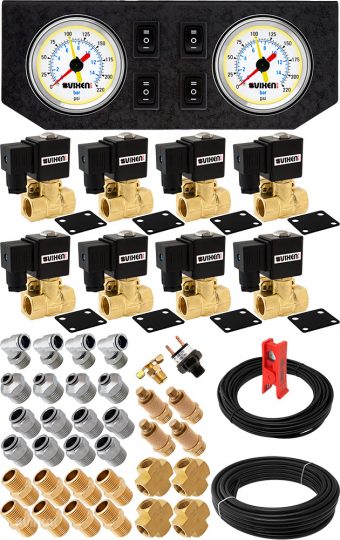 VIXEN AIR VXK1209GW 1/2" NPT AIR RIDE SUSPENSION HIGH FLOW AIR VALVES/SOLENOIDS 250 PSI FOUR CORNERS WITH DUAL WHITE GAUGE, FITTINGS AND HOSES