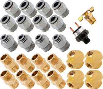 VIXEN AIR VXK3802 SET OF FITTINGS FOR EIGHT 3/8" NPT AIR VALVES USING 3/8" AND 1/4" OD AIR LINES, PRESSURE SWITCH INCLUDED
