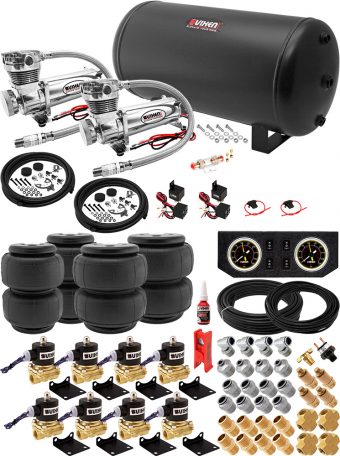 VIXEN AIR VXX1208PB/4863DC AIR SUSPENSION KIT FOR TRUCK/CAR BAG/AIR RIDE/SPRING. ON BOARD SYSTEM, DUAL 200PSI COMPRESSOR, 6 GALLON TANK