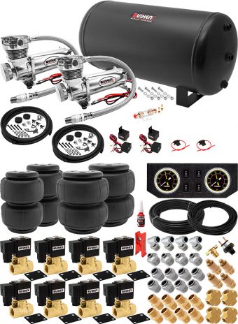 VIXEN AIR VXX1209PB/4863DC AIR SUSPENSION KIT FOR TRUCK/CAR BAG/AIR RIDE/SPRING. ON BOARD SYSTEM, DUAL 200PSI COMPRESSOR, 6 GALLON TANK