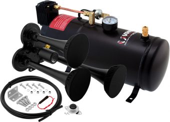 VIXEN HORNS VXO8210/3311B TRIPLE TRUMPET TRAIN AIR HORN WITH COVERS BLACK, 1 GALLON TANK AND 150 PSI COMPRESSOR