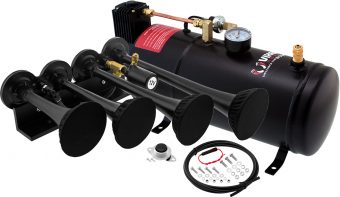 VIXEN HORNS VXO8210/4124B/P QUAD TRUMPET TRAIN AIR HORN WITH COVERS BLACK, 1 GALLON TANK AND 150 PSI COMPRESSOR