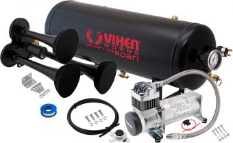 VIXEN HORNS VXO8325/3311B/P TRIPLE TRUMPET TRAIN AIR HORN WITH COVERS BLACK, 2.5 GALLON TANK AND 200 PSI COMPRESSOR