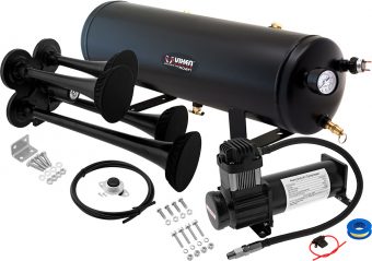 VIXEN HORNS VXO8330B/4114B QUAD TRUMPET TRAIN AIR HORN WITH COVERS BLACK, 3 GALLON TANK AND 200 PSI COMPRESSOR